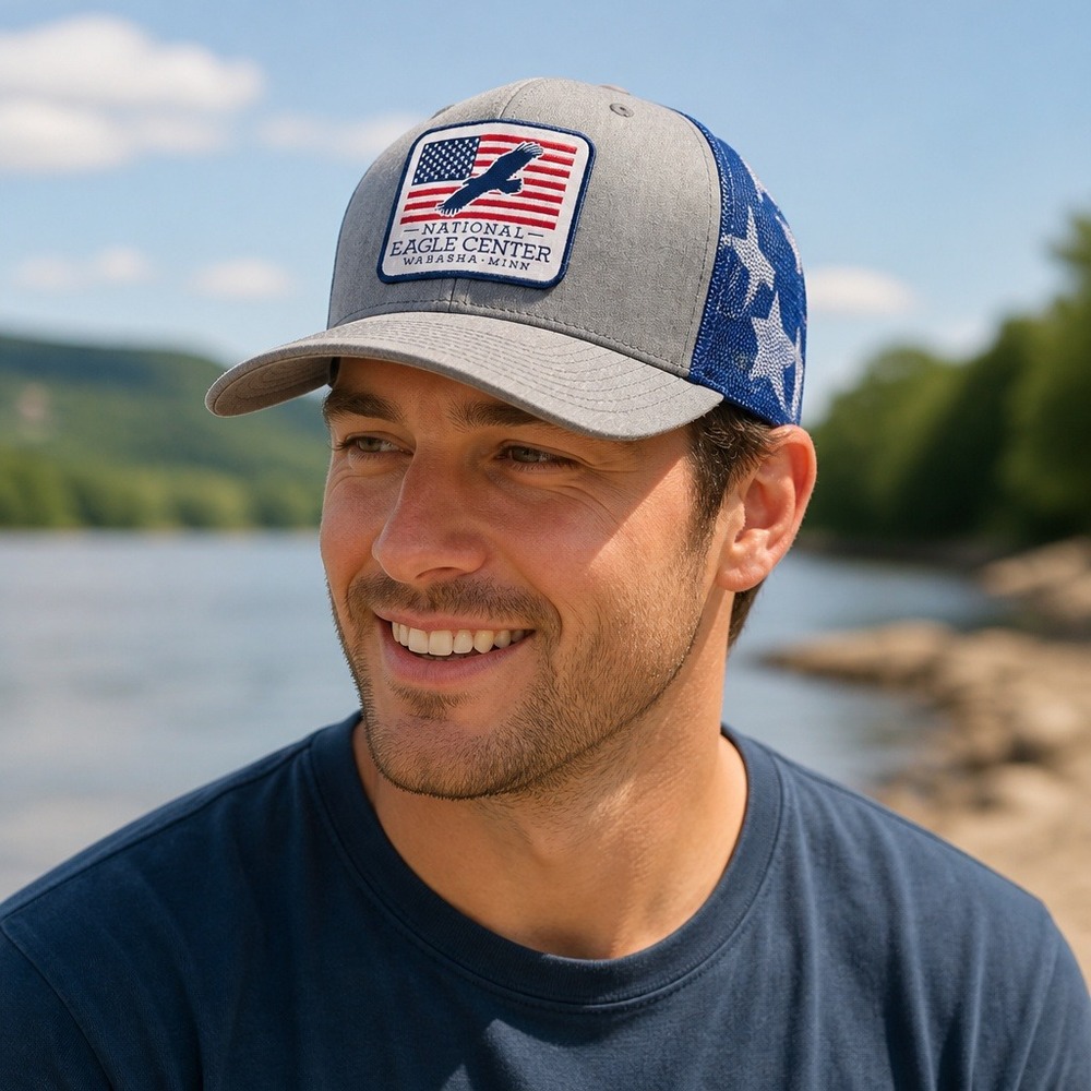 Richardson 112PM National Eagle Center‎ Trucker Hat Grey USA Flag Stars Stripes